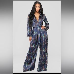 Navy Satin Jumpsuit long sleeve / chain print